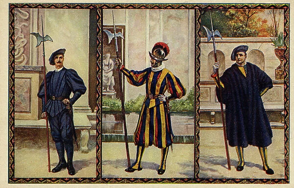 Different uniforms of Swiss guards (Swiss guards) from the Vatican City, chromolithography from the end of the 19th century