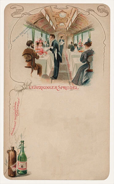 Dining car on a train, advertisment for Ueberkinger Sprudel table water (chromolitho)