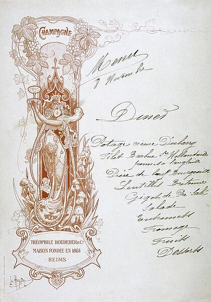 Dinner menu hand-written on a publicity card for Theophile Roederer & Co. Champagne. Late 19th century (food and alcohol advertising in engraving)