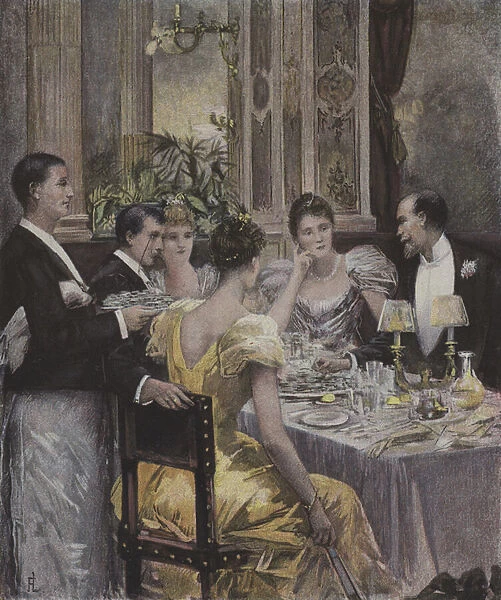 A dinner party (colour litho)