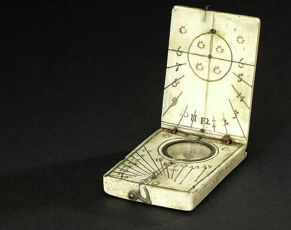 Diptych sundial (open), with magnetic compass. Ivory instrument around 1640, by Jacob Karner (?), c.1640 (ivory)