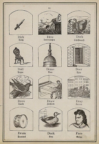 Dirk, Dive, Dock, Doll, Dome, Door, Dove, Draw, Dray, Drum, Duck, Face (engraving)