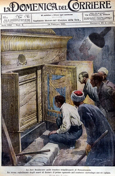 The discovery of the sarcophagus, still intact, of Pharaoh Tutankhamun. Ill. d A