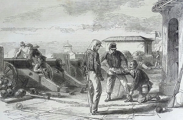 The discovery of a train leading to the powder magazine, 1860 (engraving)