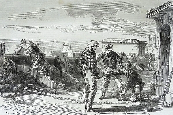 The discovery of a train leading to the powder magazine, 1860 (engraving)