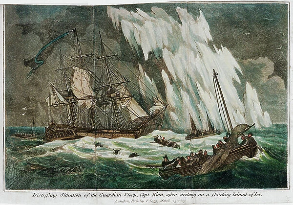 Distressing situation of the Guardian sloop, Captain Riou, after striking on a floating Island of ice, 1809 (aquatint)