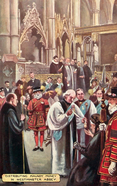 Distributing Maundy money in Westminster Abbey (colour litho)