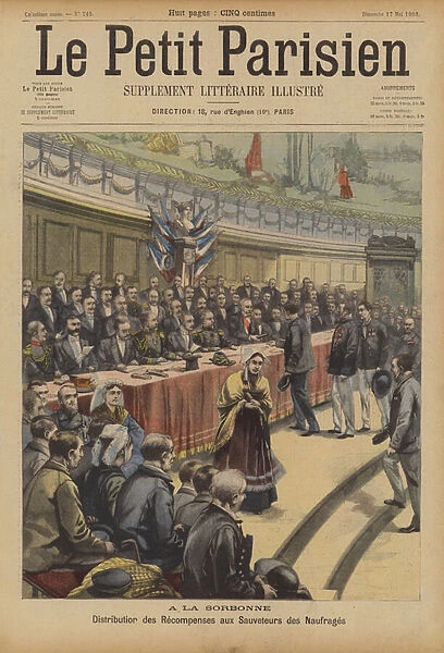 Distribution of rewards to rescuers of shipwrecked sailors at the Sorbonne, Paris (colour litho)
