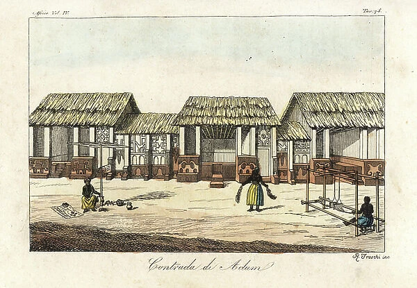 District of Adum in the town of Kumasi, Kingdom of Ashanti (Ghana), early 19th century. Woman selling goods, weaving fabric on a loom, tending a stall. Handcoloured copperplate engraving by Antonio Sasso from Giulio Ferrario's Ancient