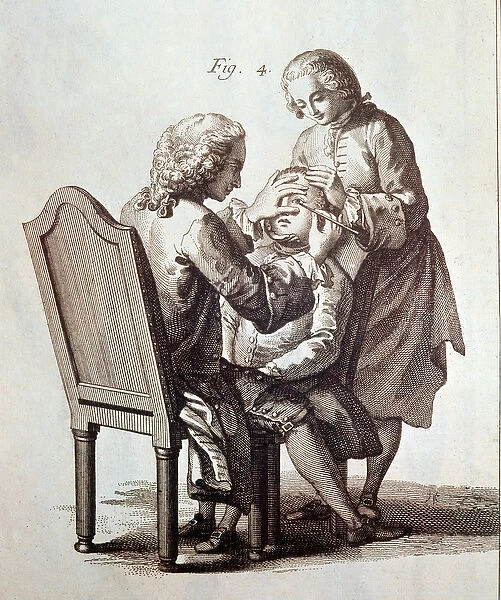 A Doctor operating on a cataract patient, illustration from the Medical Encyclopedia by