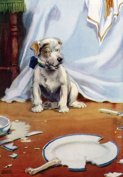 Dog with broken plate (colour litho)