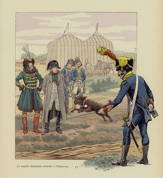 The dog Moustache presented to Napoleon (colour litho)