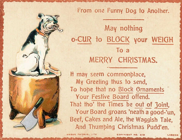 Dog sitting on Chopping Block, Christmas Card (chromolitho)