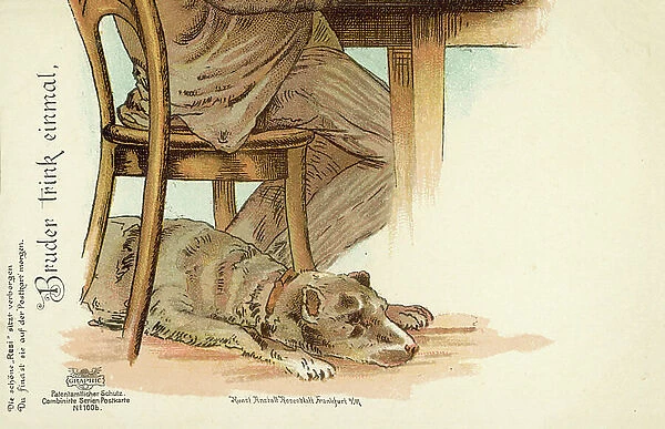 Dog sitting under its master's chair (colour litho)