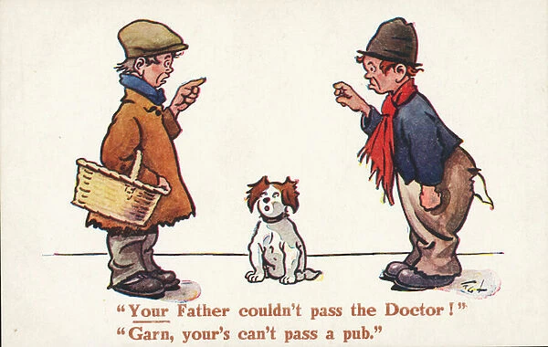 Dog watching two boys arguing about the faults of their fathers (colour litho)