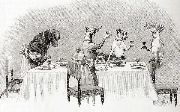 Three dogs and a cockatoo having a dinner party and toasting each other
