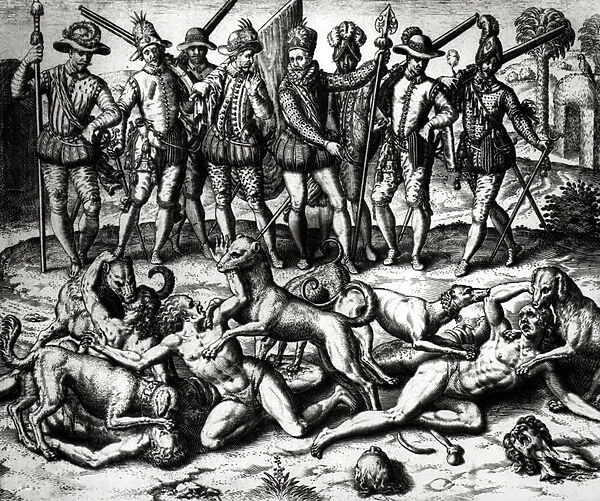 The dogs of Vasco Nunez de Balboa (1475-1571) attacking the Indians (engraving) (b  /  w photo)