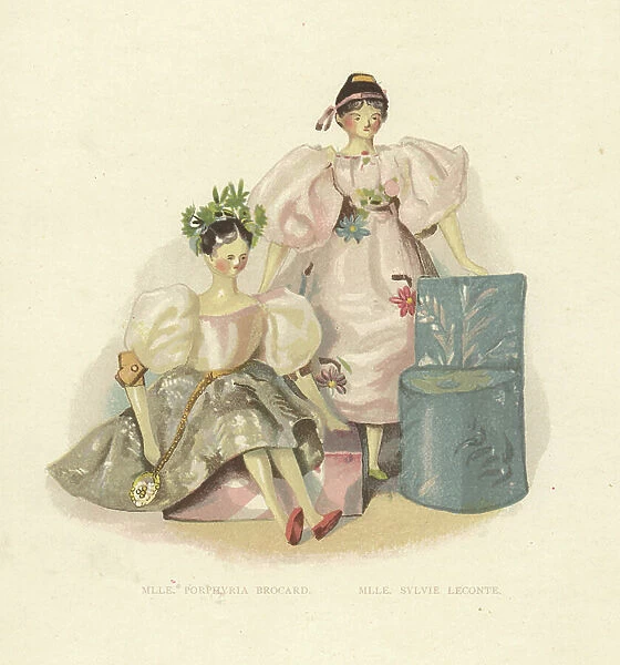Dolls of dancers Mlle. Porphyria or Porphirin Brocard and Mlle. Sylvie Leconte dressed by young Princess Victoria. Color plate after an illustration by Alan Wright from Frances H. Low's Queen Victoria's Dolls, George Newness, London, 1894