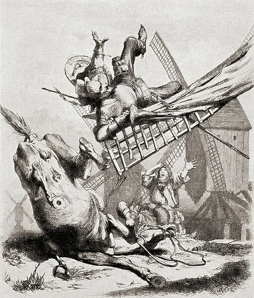 Don Quixote attacking the windmills, from Die Gartenlaube, pub. 1905 (print)