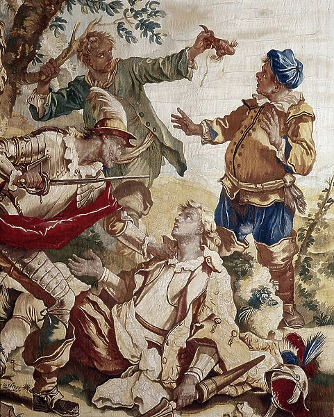 Don Quixote fights the Knight of Mirrors, detail of the four characters including Don Quixote. According to the novel 'El Ingenioso Hidalgo Don Quijote de la Mancha' written by Miguel de Cervantes