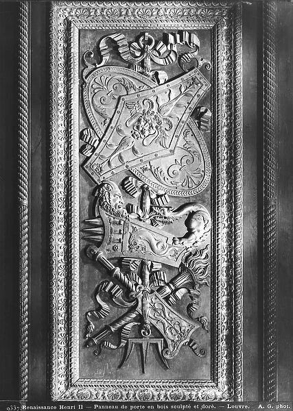 Door panel, Henri II style, c. 1556 (gilded wood) (b  /  w photo)
