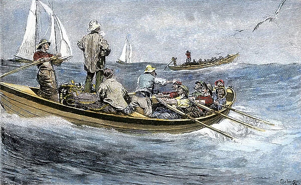 Dory fishers rowing to arrive the first near a fish bank, Ocean Atlantic, years 1880. Colourful engraving of the 19th century