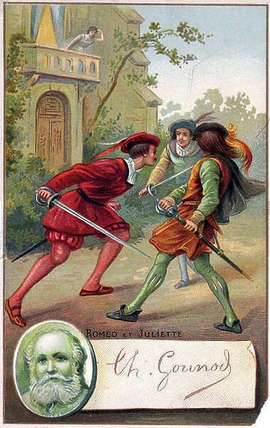 Double duel between Romeo, Tybalt and Mercutio, c.1900 (chromolithograph)