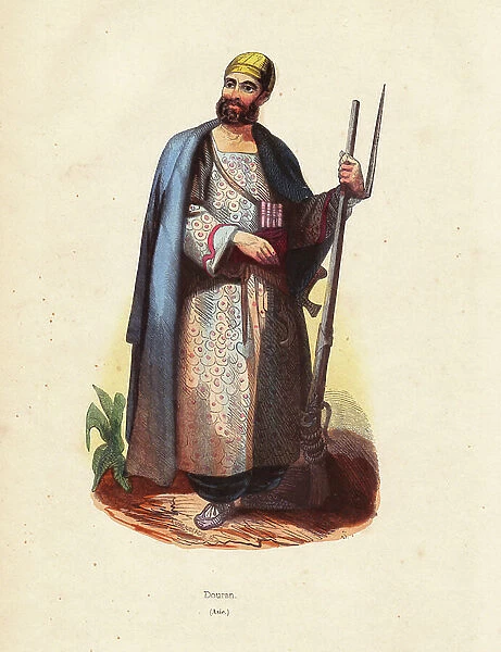 Douran (Afhanistan) - Douran tribesman (from current Afghanistan) in robes, with musket and sword - Handcoloured woodcut by A. Vancauberche after an illustration bys from ' Mores, Uses et Costumes de tous les Peuples du Monde