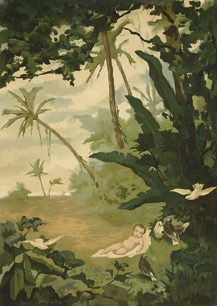 The doves feeding the infant Semiramis in the wilderness (chromolitho)