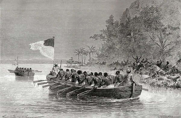 Dr. David Livingstone In The First Boat, Which Is Flying The English Flag, And Henry Morton Stanley In The Second Boat, Which Is Flying The American Flag, During Their Expedition In Africa In 1872