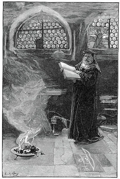Dr Faustus conjuring up Mephistopheles. Faust formed the subject of dramas by Christopher Marlowe and Goethe. Goethe's version was the basis for Gounod's opera. Legend based on Johann Faust, German wandering conjuror and astrologer c1488-1541