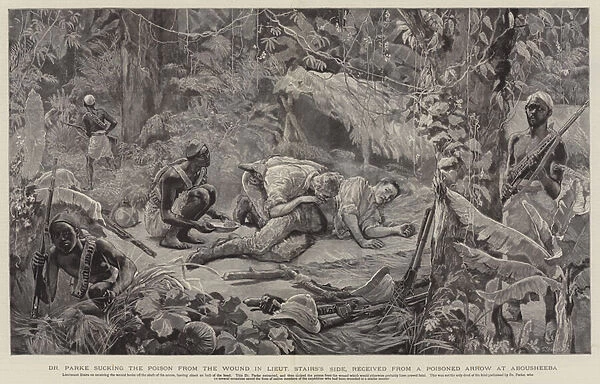 Dr Parke sucking the Poison from the Wound in Lieutenant Stairss Side, received from a Poisoned Arrow at Abousheeba (engraving)