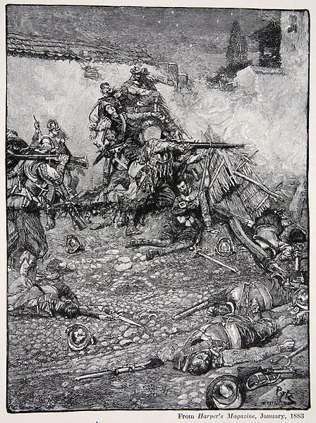 Drakes attack upon San Domingo, 1586, published in Harpers Magazine, 1883 (litho)