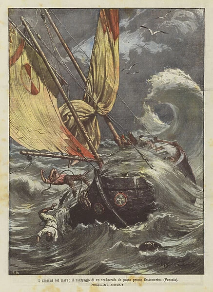 The dramas of the sea, the shipwreck of a fishing lugger near Sottomarina (Venice) (colour litho)