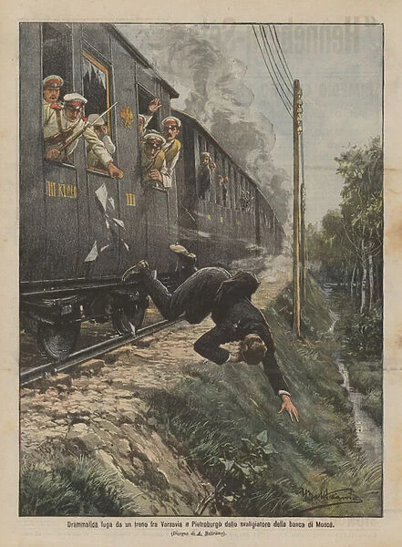 Dramatic escape from a train between Warsaw and Petersburg by the bank of Moscow burglar (colour litho)