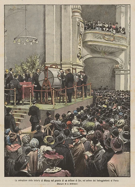 The draw of the Milan lottery with the prize of one million lire, in the hall of festivities at the Park (colour litho)