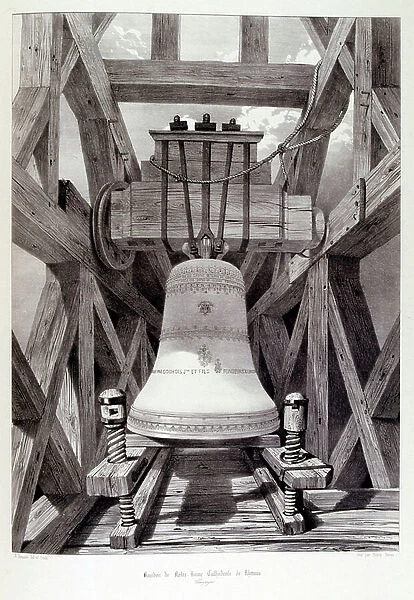 Drawing of the Bell in the Cathedral of Notre Dame de Rheims, France 1857. Illustrated in Voyages pittoresques et romantiques (Picturesque and romantic journeys in ancient France), by Isidore Taylor, (baron Taylor) 1857