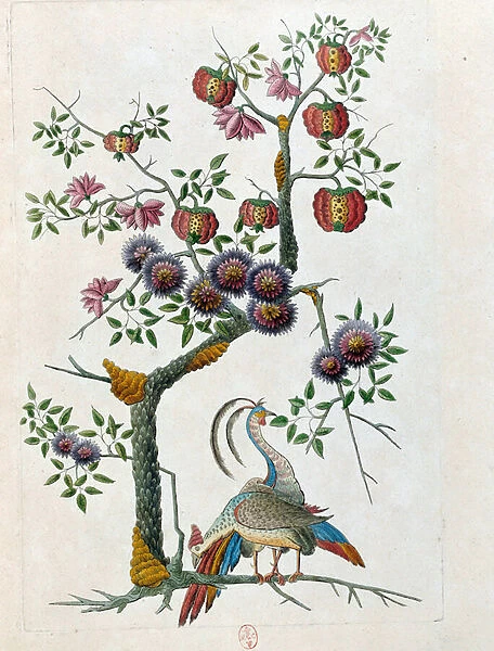 Drawing from a Chinese vase: bird and branch of flowers