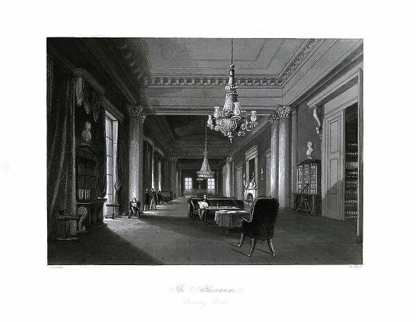 The drawing room in the Athenaeum Club. Steel engraving by Melville after an illustration by L.L. Hewitt from London Interiors, Their Costumes and Ceremonies, Joshua Mead, London, 1841