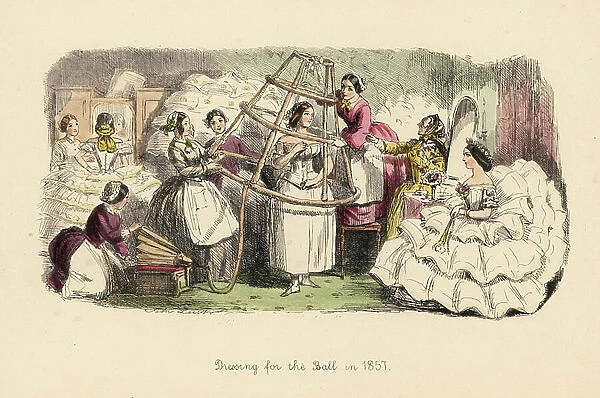 Dressing for the Ball in 1857. Woman being helped by maids into an inflatable hoop frame to support her crinoline dress. Handcoloured etching by John Leech from Follies of the Year, from Punchos Pocket Books, Bradbury, London, 1864