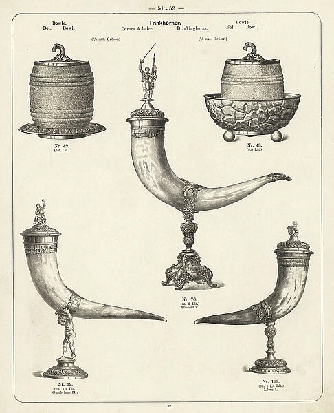 Drinking horns and tankards. Lithograph from a catalog of metal products manufactured by Wuerttemberg Metalware Factory, Geislingen, Germany, 1896