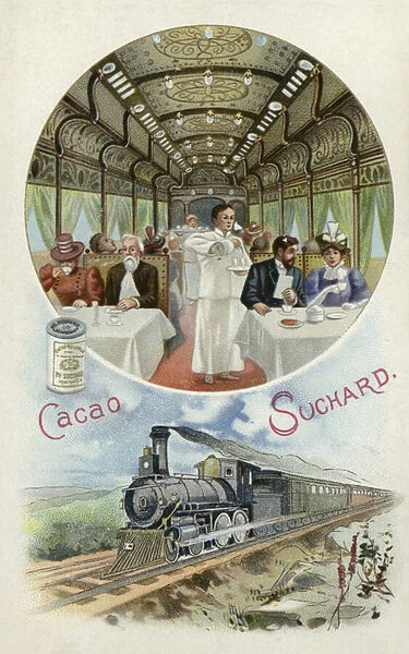 Drinking Suchard cocoa in the dining car of a train (chromolitho)