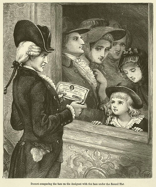 Drouet comparing the face on the Assignat with the face under the Round Hat (engraving)