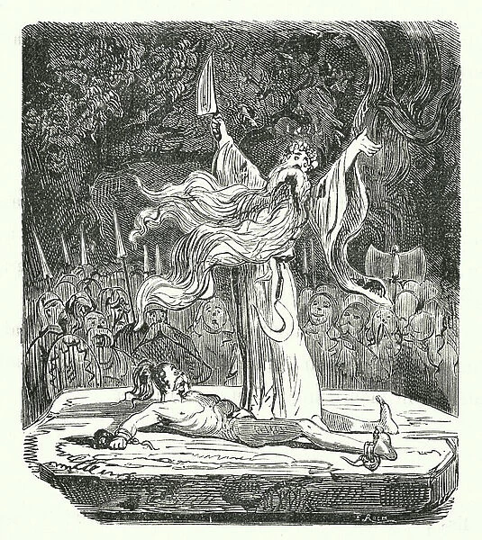 Druid carrying out a human sacrifice (engraving)
