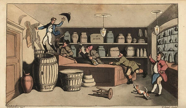 Drunk Johnny pursued by night watchmen in a grocers shop about to fall into a barrel of butter. Handcoloured copperplate engraving by W. Read after an illustration by Thomas Rowlandson from Alfred Burton