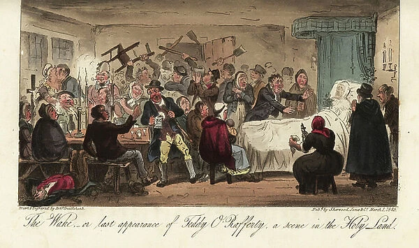 A drunken brawl at an Irish wake in St. Giles slum. The Wake, or last appearance of Teddy O'Rafferty, a scene in the Holy Land. Handcoloured copperplate drawn and engraved by Robert Cruikshank from The English Spy, London, 1825