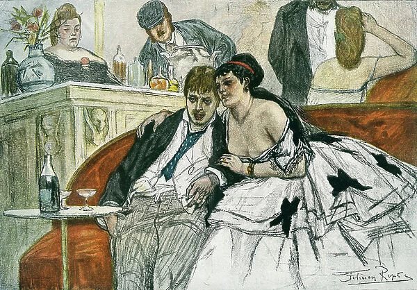 The Drunken Dandy, after Felicien Rops. From Illustrierte Sittengeschichte vom Mittelalter bis zur Gegenwart by Eduard Fuchs, published 1909