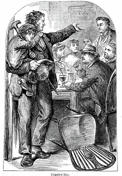 A drunken man leaving the pub with his young son, 1850