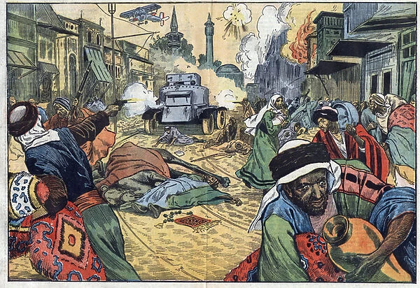 The Druze (Druses) looted the streets of Damascus (Syria) during the attack on the city by planes and a self-machine gun (self-machine gun) of French troops of General Maurice Sarrail (1856-1929). Illustration of Damblans