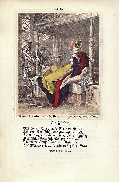 The Duchess. The Duchess is sitting, dressed in her bed, at the foot of which are two Dead, one of whom plays the violin and the other pulls the sheets from the bed
